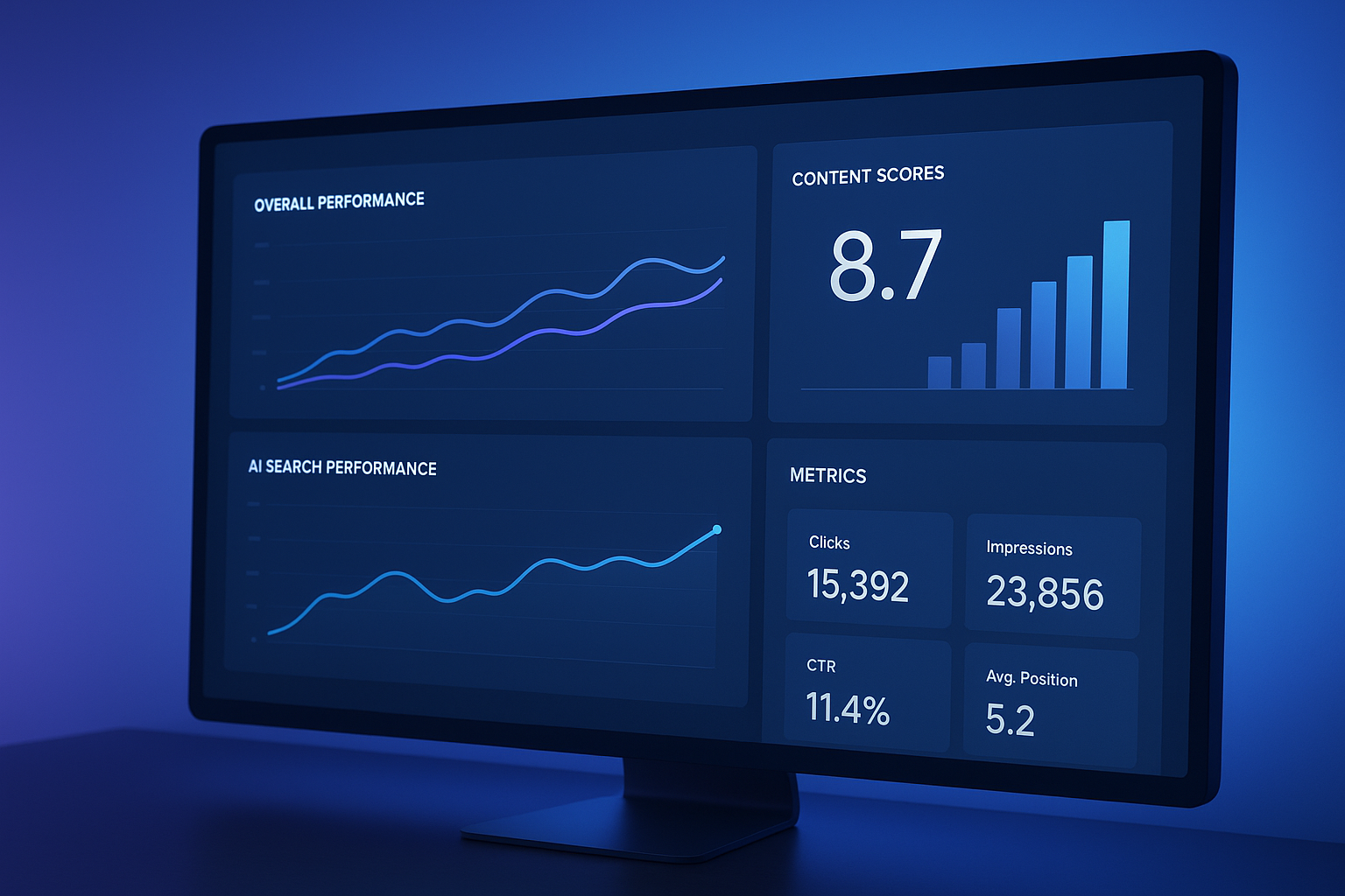 AI visibility audit dashboard showing content performance metrics and search scores