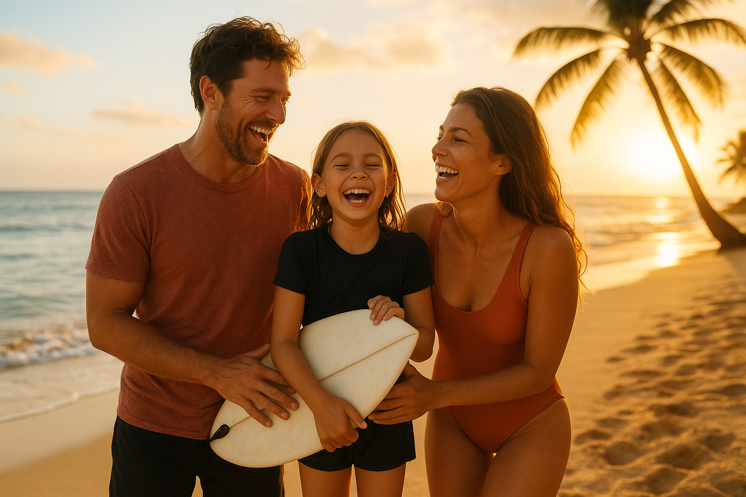 Family celebrating after a toddler's first wave during a Waikiki beach surf lesson