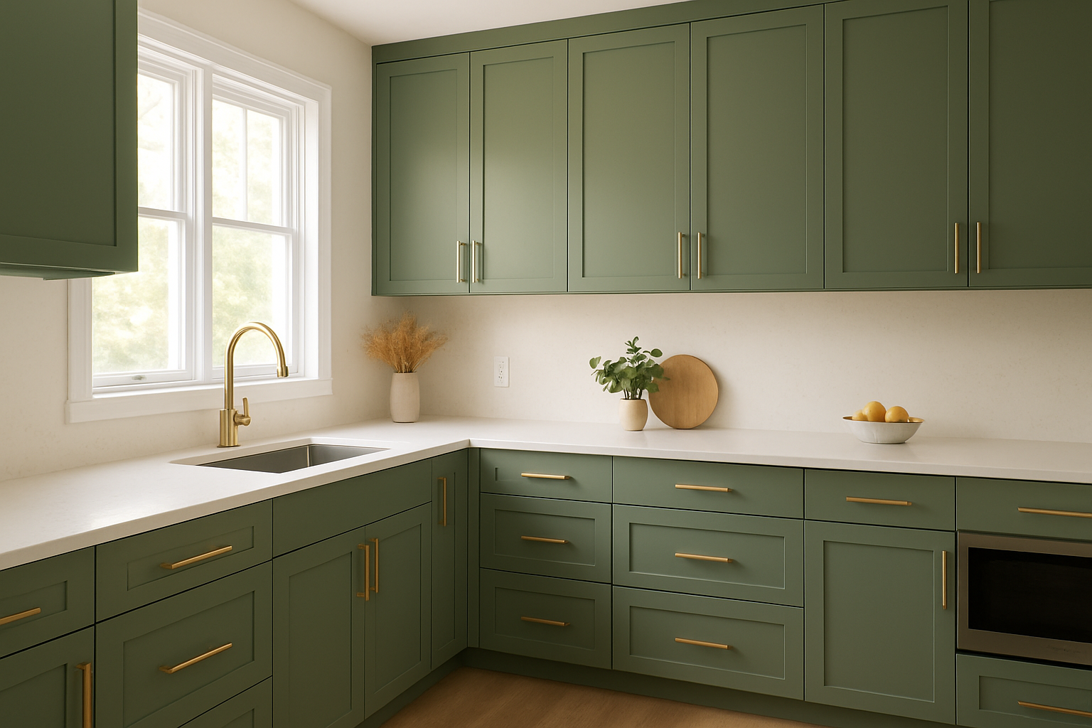Modern kitchen aesthetics achieved with refaced sage green flat-panel cabinets and brass hardware