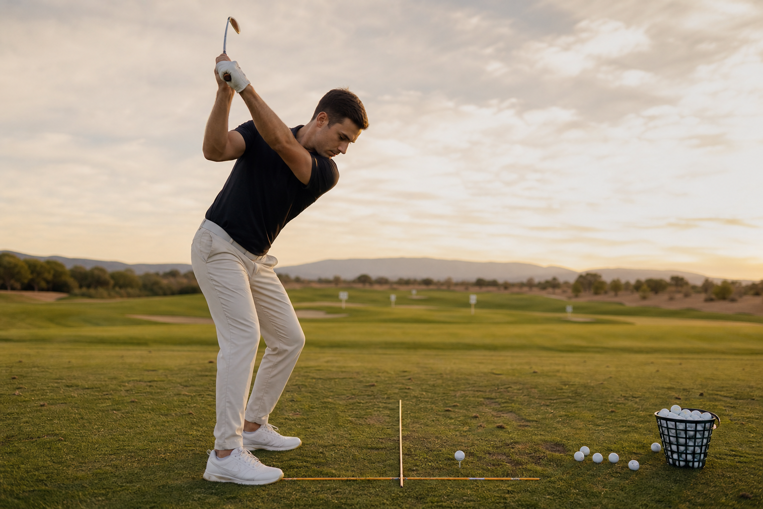 Advanced golfer practicing online golf swing drills for advanced players on a driving range