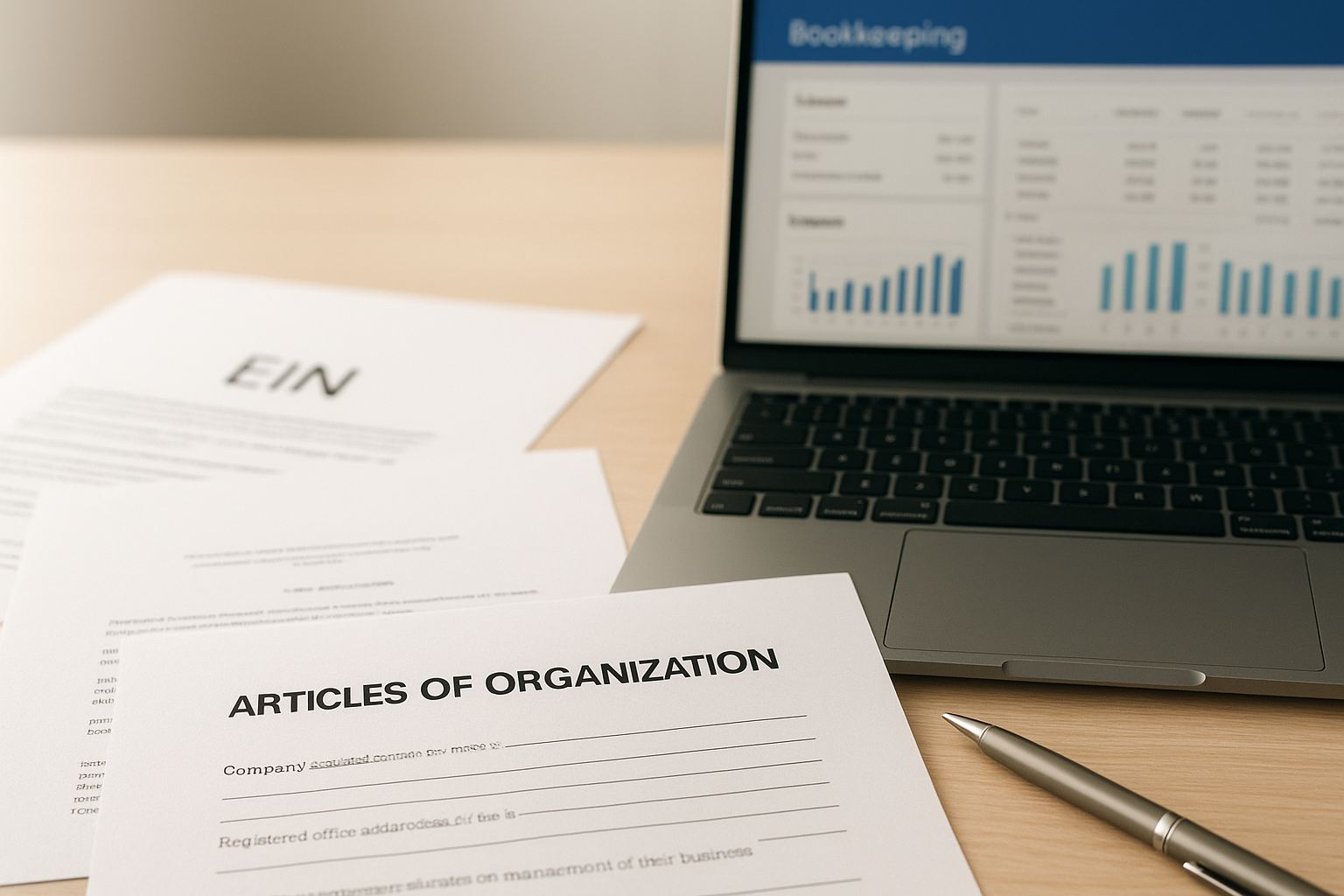 Business formation documents and bookkeeping software used to set up a new company's financial accounts
