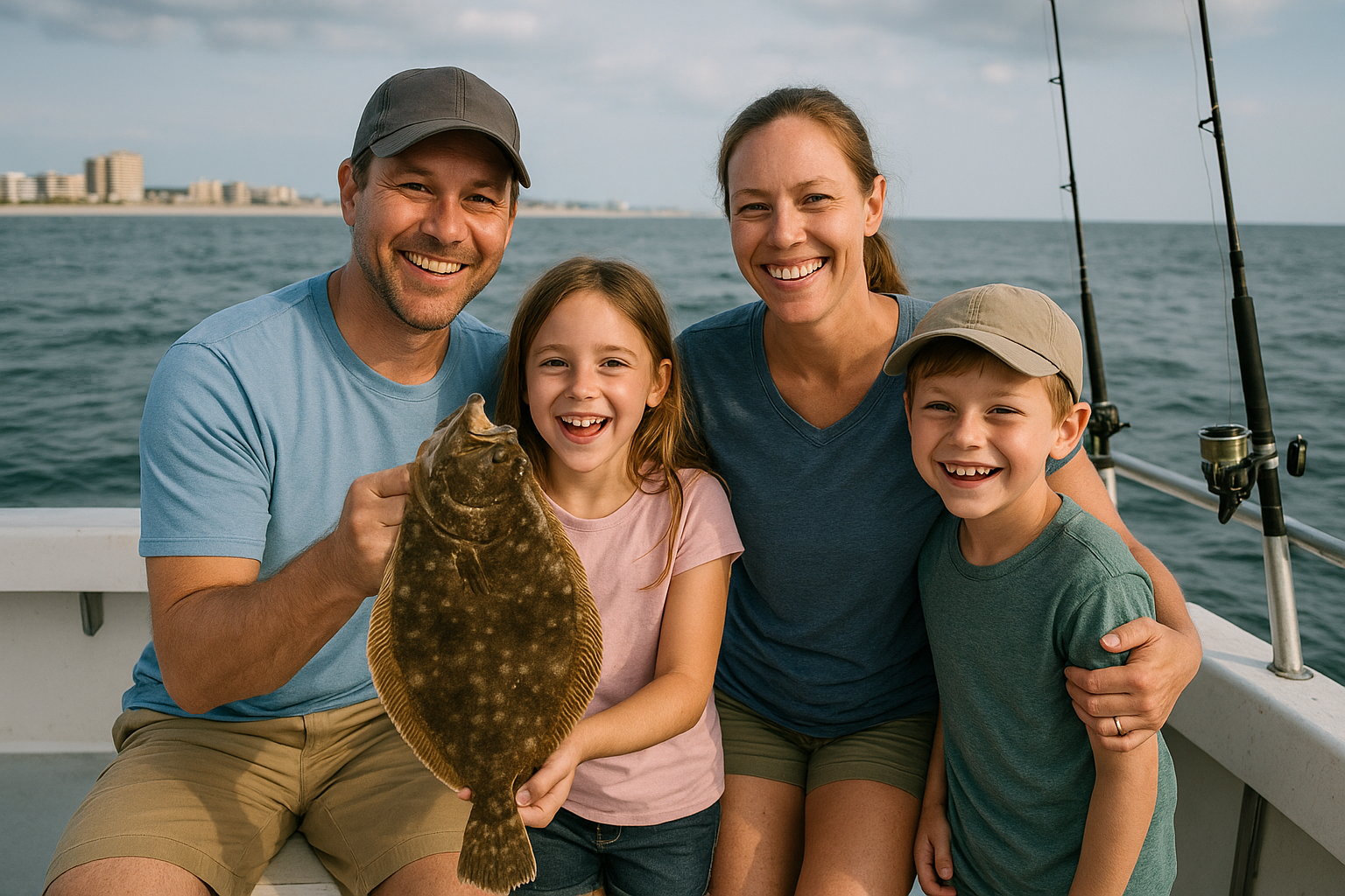 Family celebrating a catch while fishing one of the best fisheries near Myrtle Beach