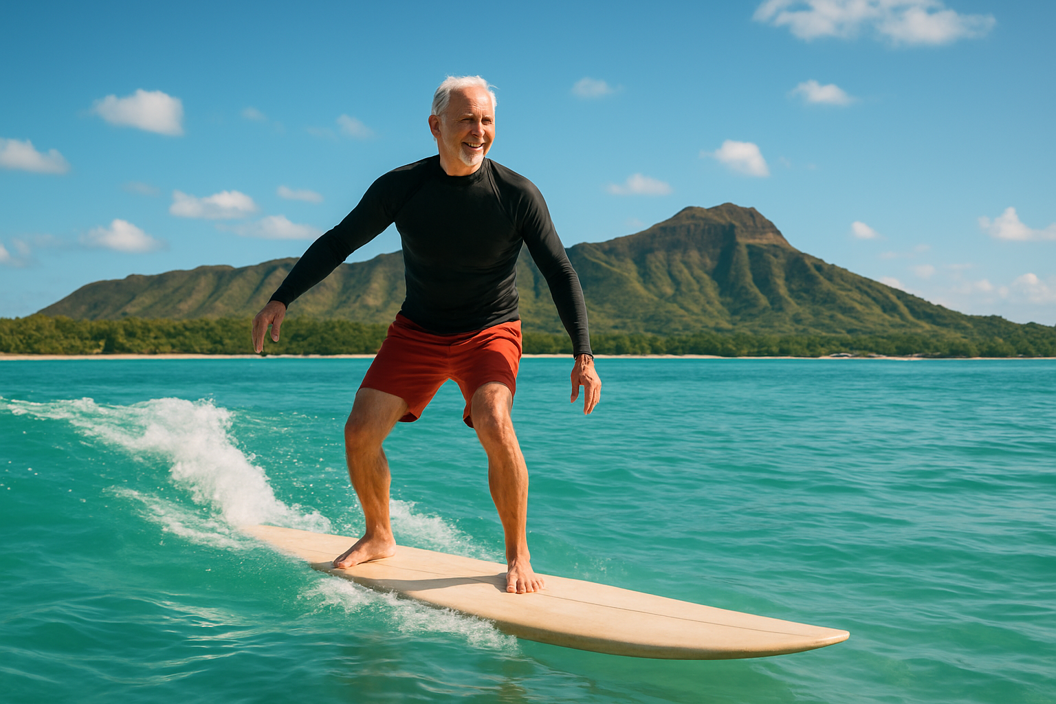 Senior surfer riding a gentle wave during surf lessons for seniors Oahu