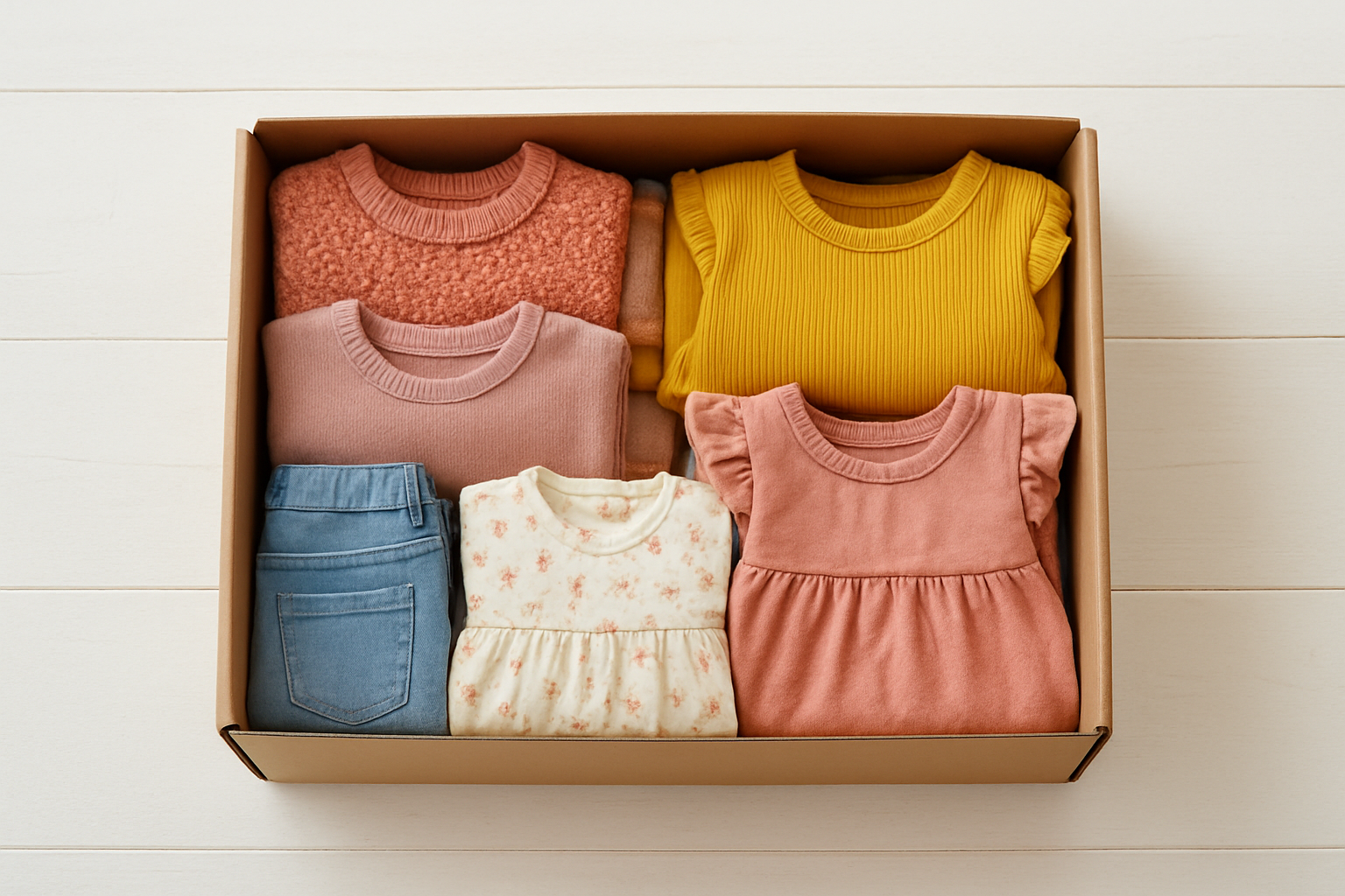 Open high-quality children's clothing box with curated premium kids' apparel neatly folded inside