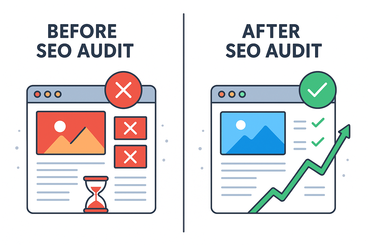 Before and after comparison showing website improvements made after using a free SEO tester tool