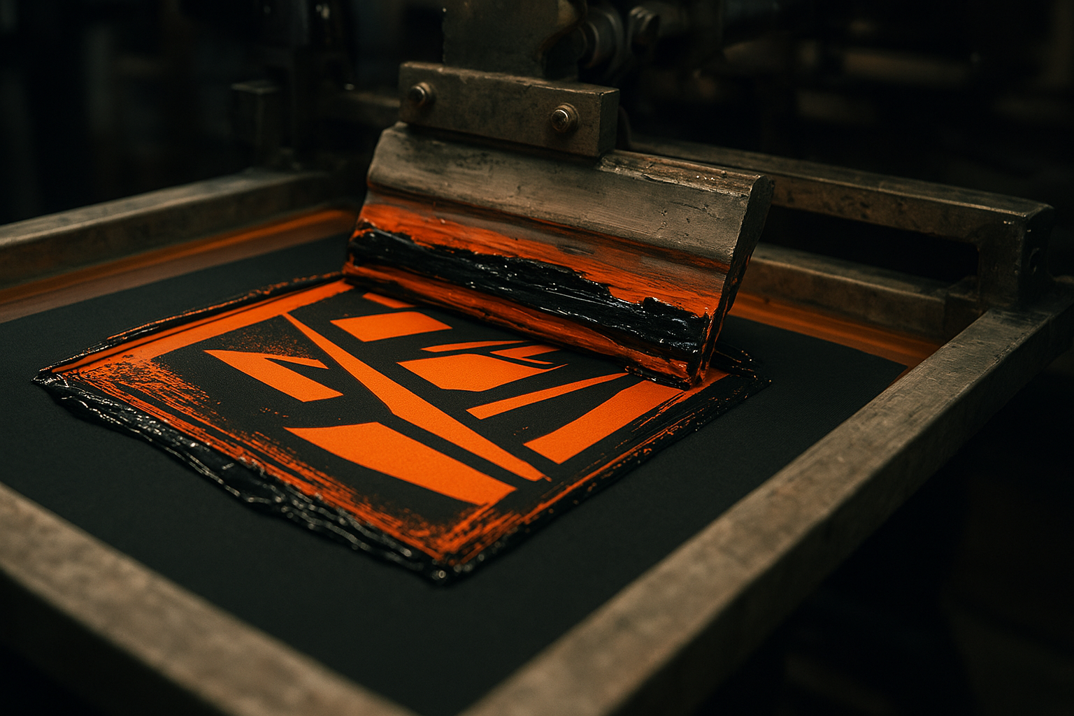 Screen printing press applying bold graphic ink onto custom motorsport apparel fabric