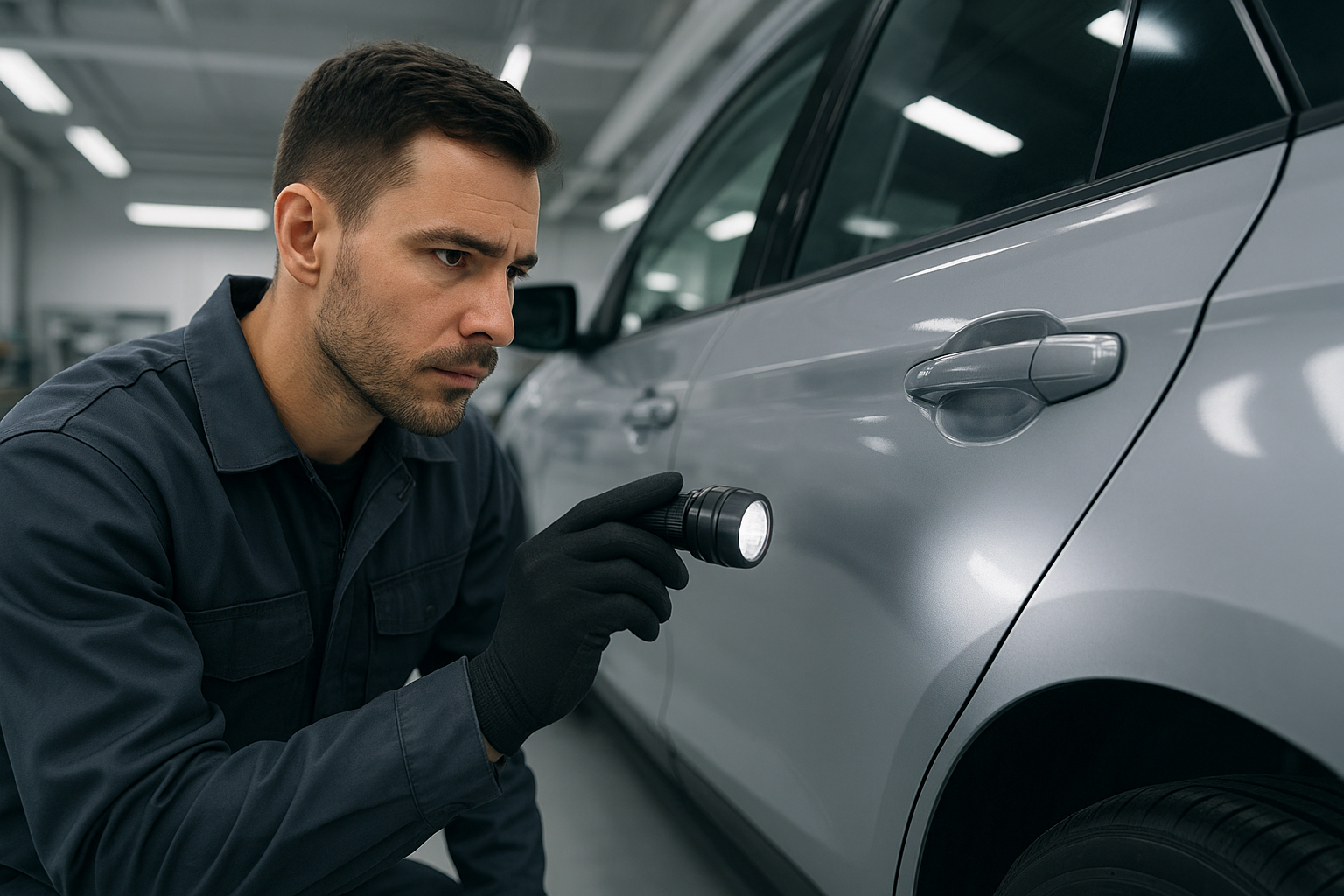 Auto body technician inspecting vehicle damage during collision repair process in Brea CA