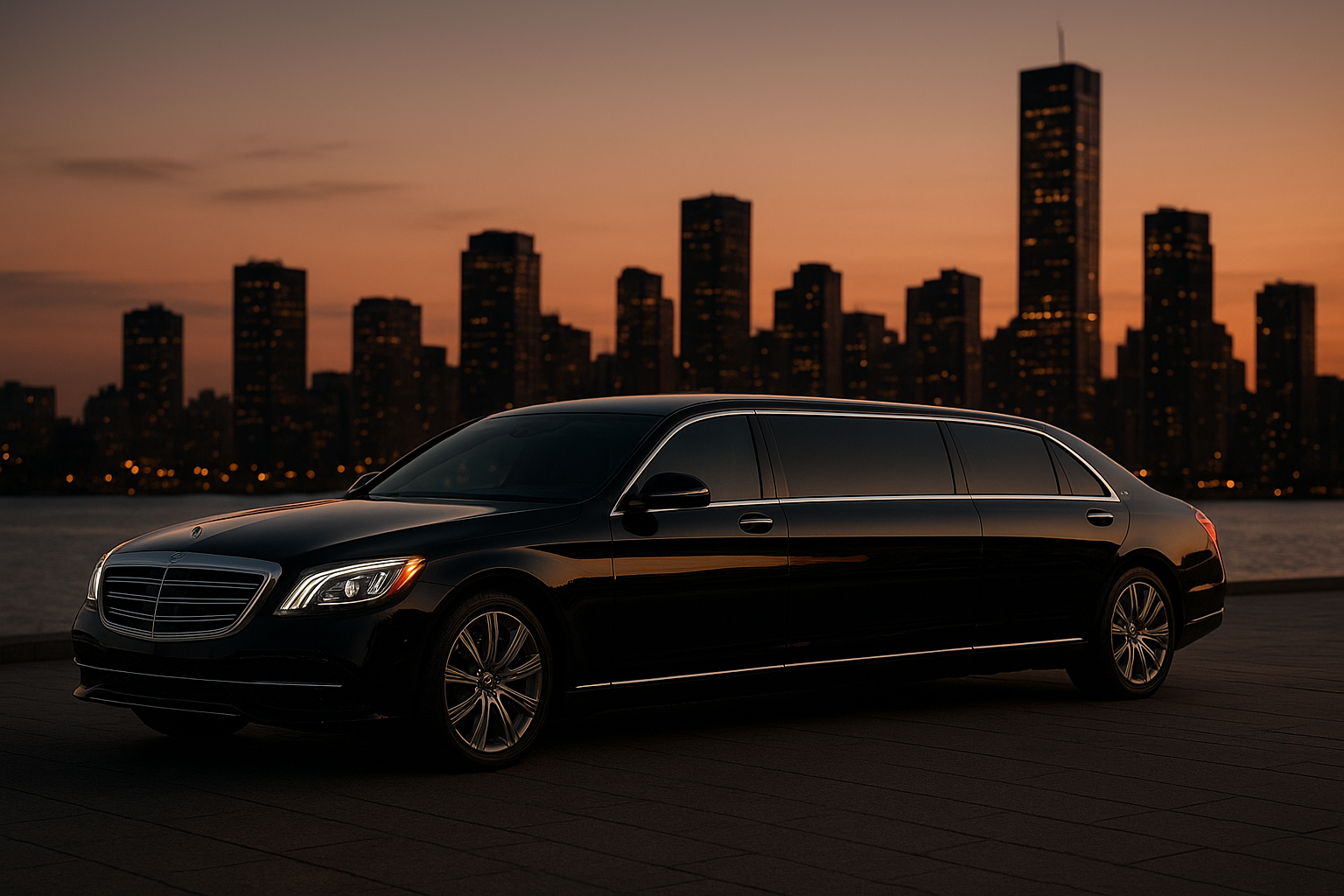 5 star limousine parked outside a Charlotte office building at dusk