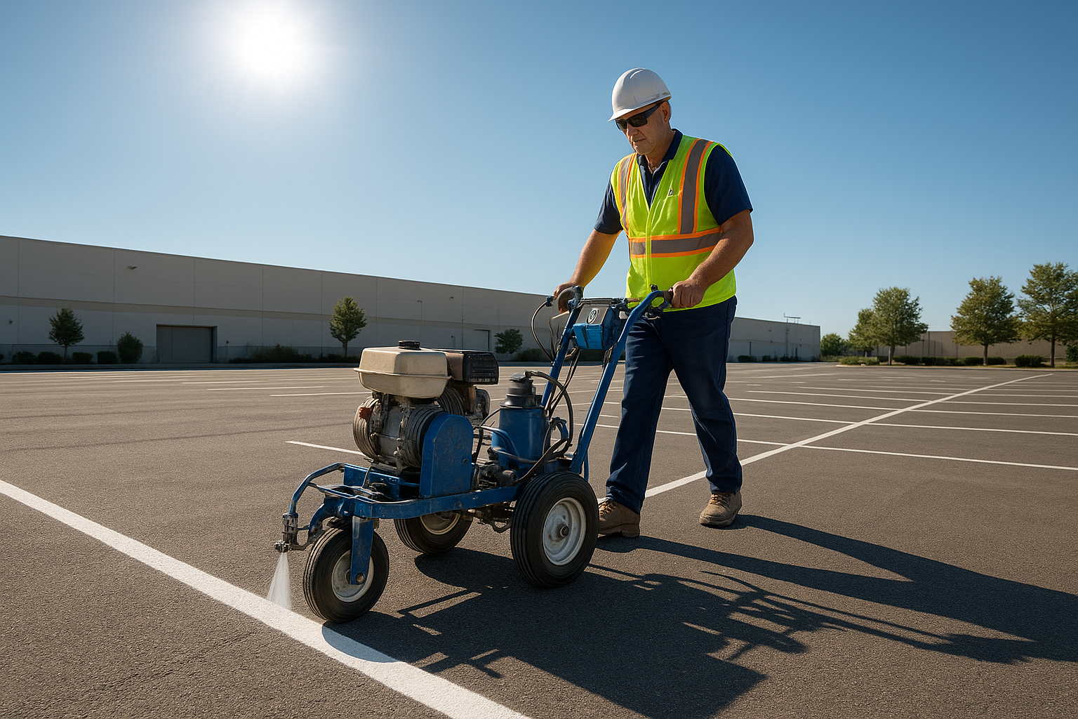 Worker operating a line striping machine on a commercial parking lot surface