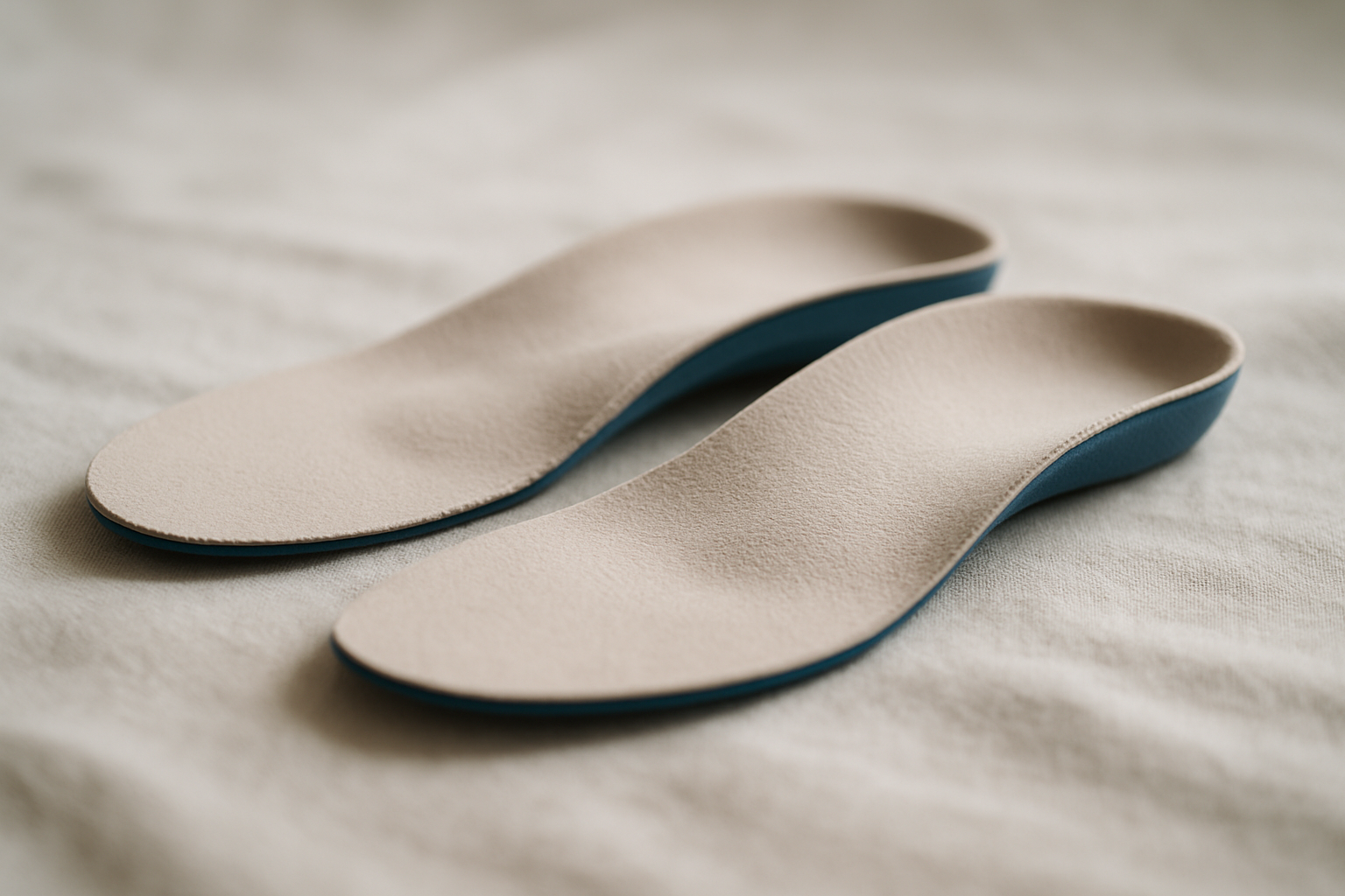 Pair of foot pain relief insoles with contoured arch support on a neutral background