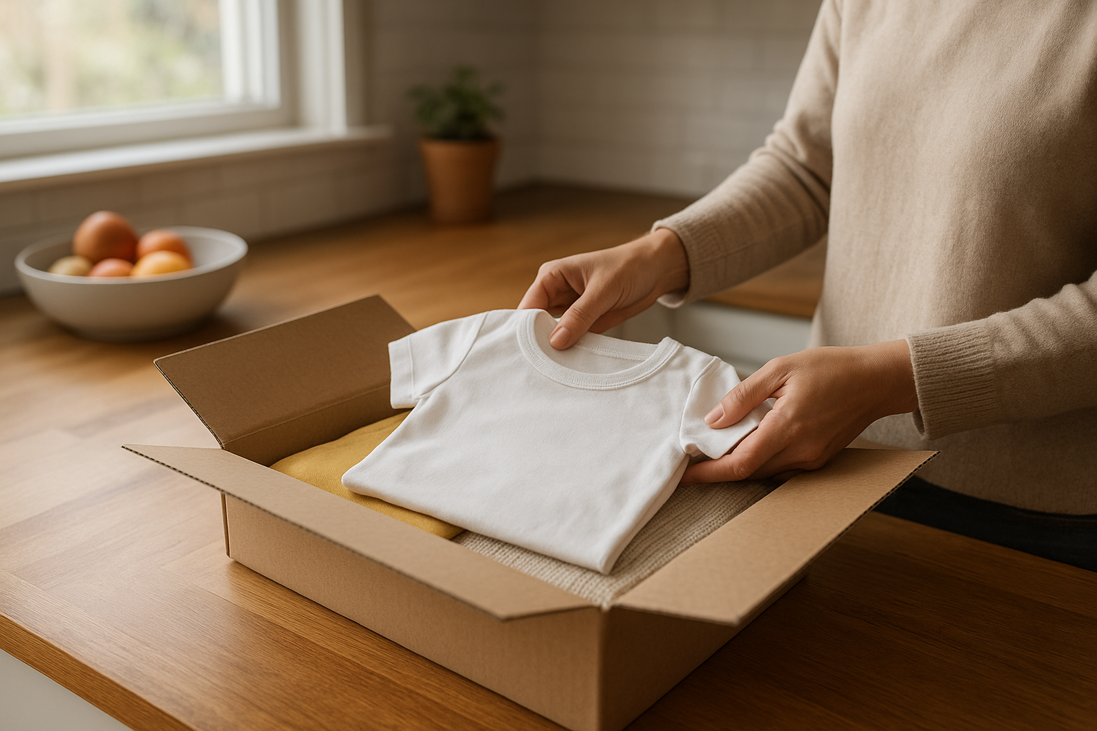 parent packing toddler clothes into a prepaid return box for a clothing rental service