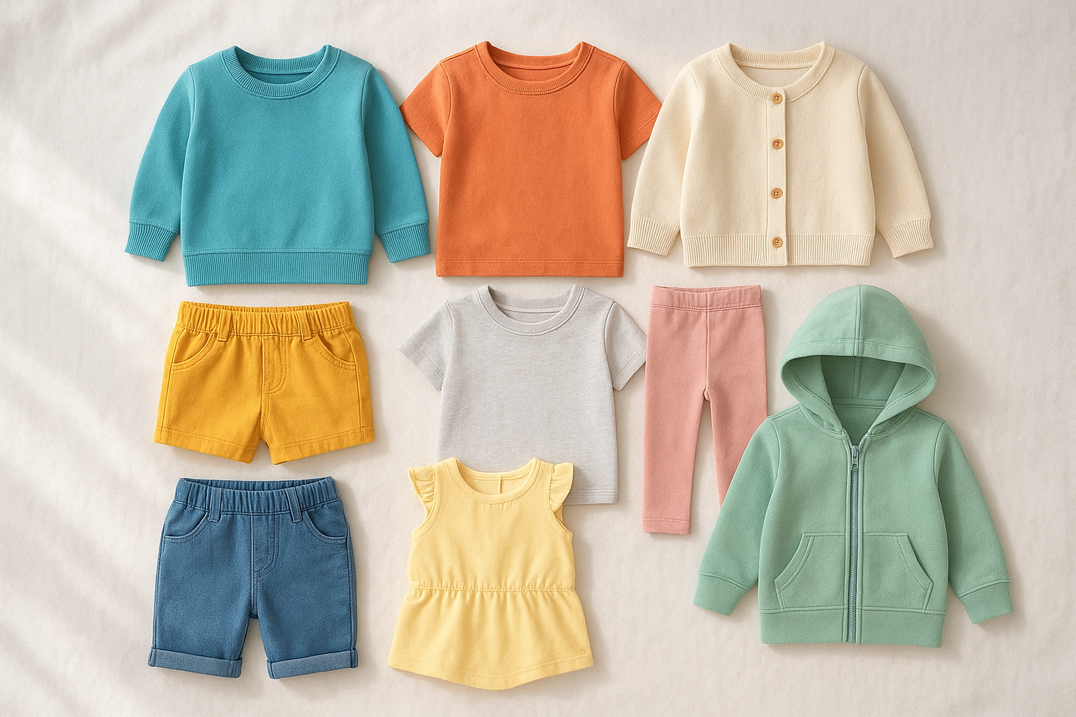 Curated monthly outfit plan for kids showing colorful children's clothing arranged neatly on a white surface