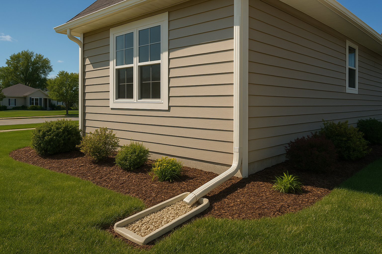 Properly extended downspout directing rainwater away from a home foundation