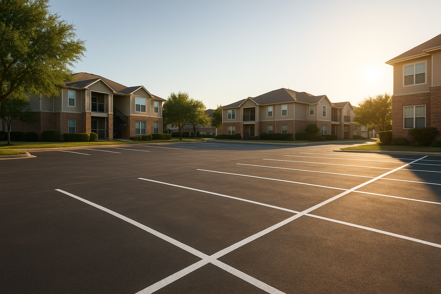 Fresh striping services for residential properties completed in a sunny apartment parking lot