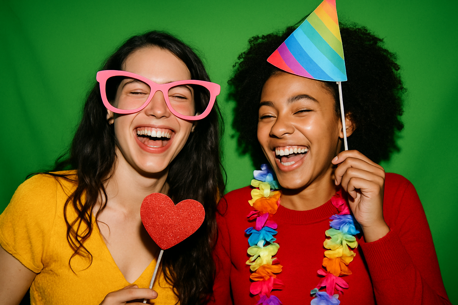 Guests using props and a green screen backdrop add-on during a photo booth rental