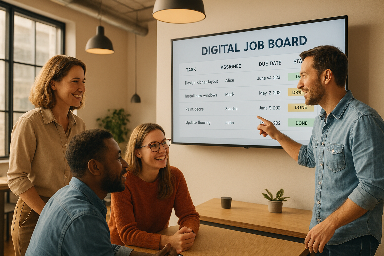 Office team reviewing a digital production job board after completing a CRM migration