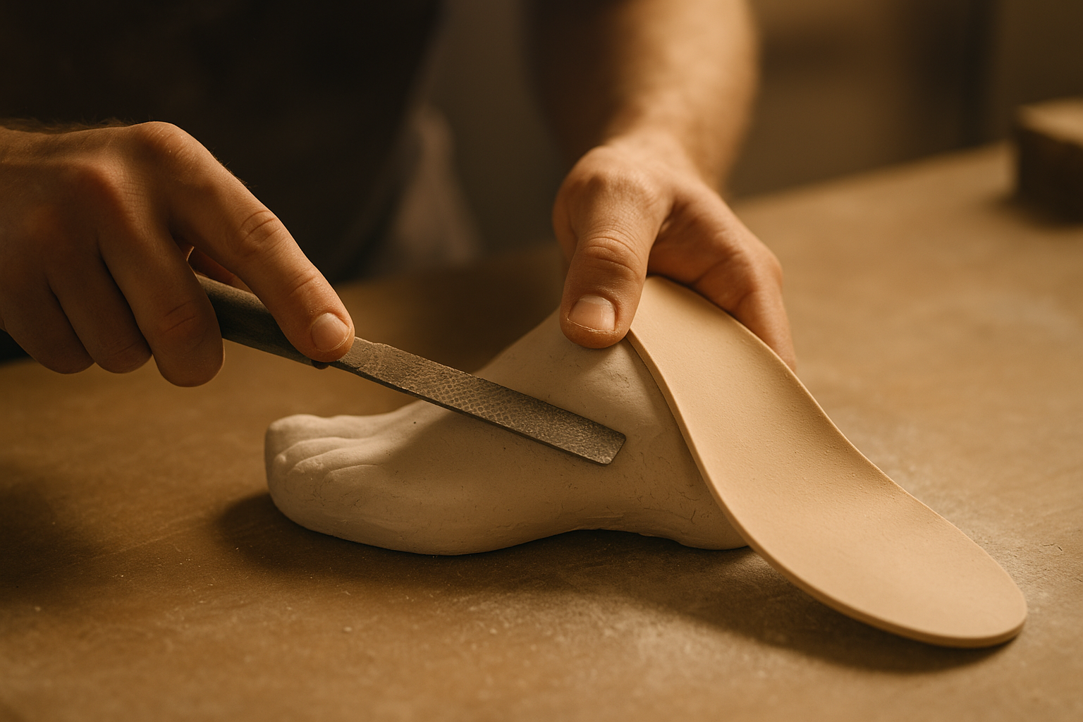 Custom made orthotics being hand-fabricated from a foot mold in a podiatry lab