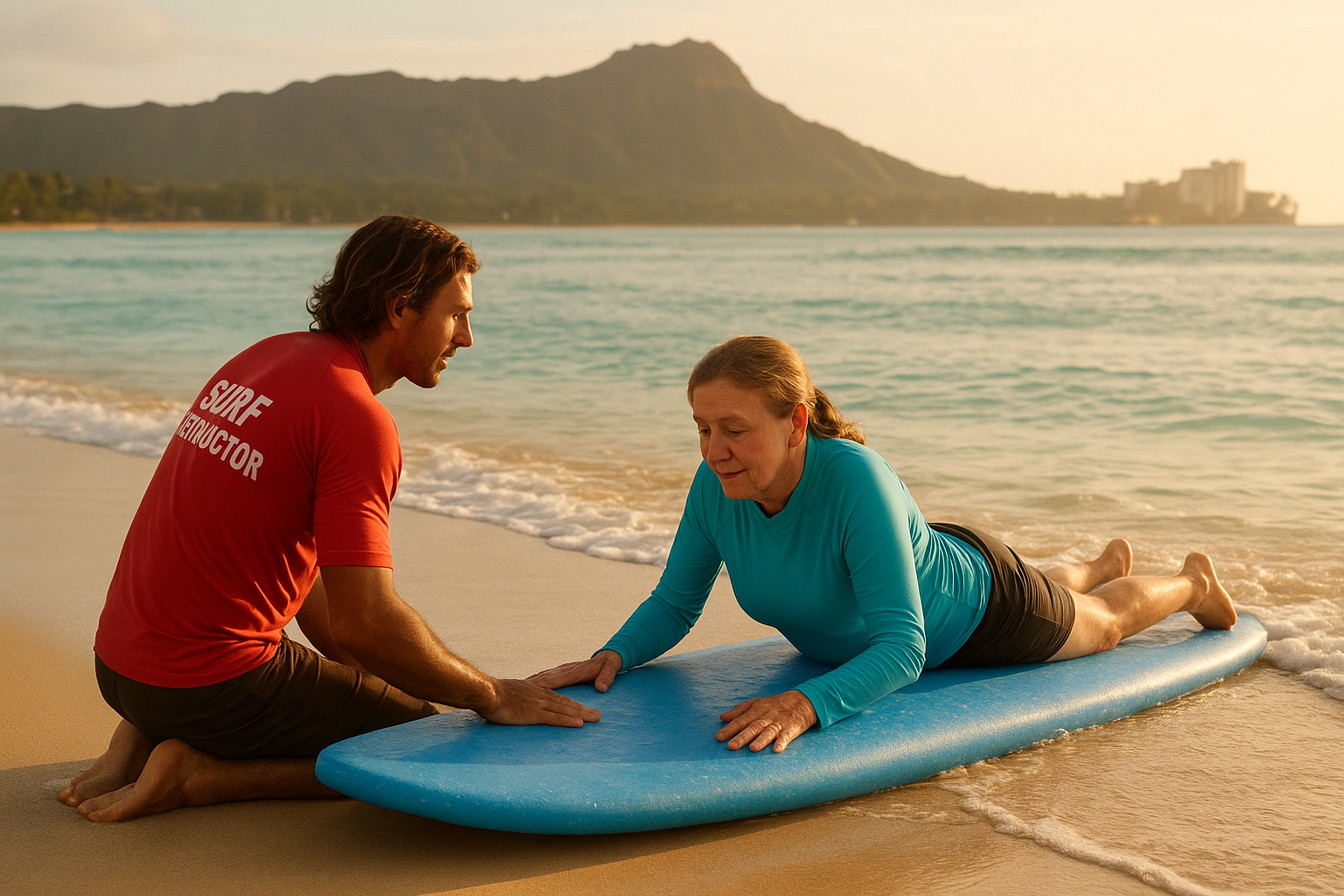 Instructor coaching a student during weekend surf workshops Waikiki on a calm morning
