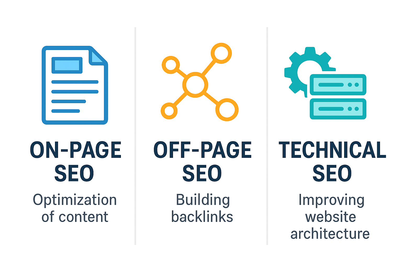 Diagram showing the three pillars of search engine optimization: on-page, off-page, and technical SEO