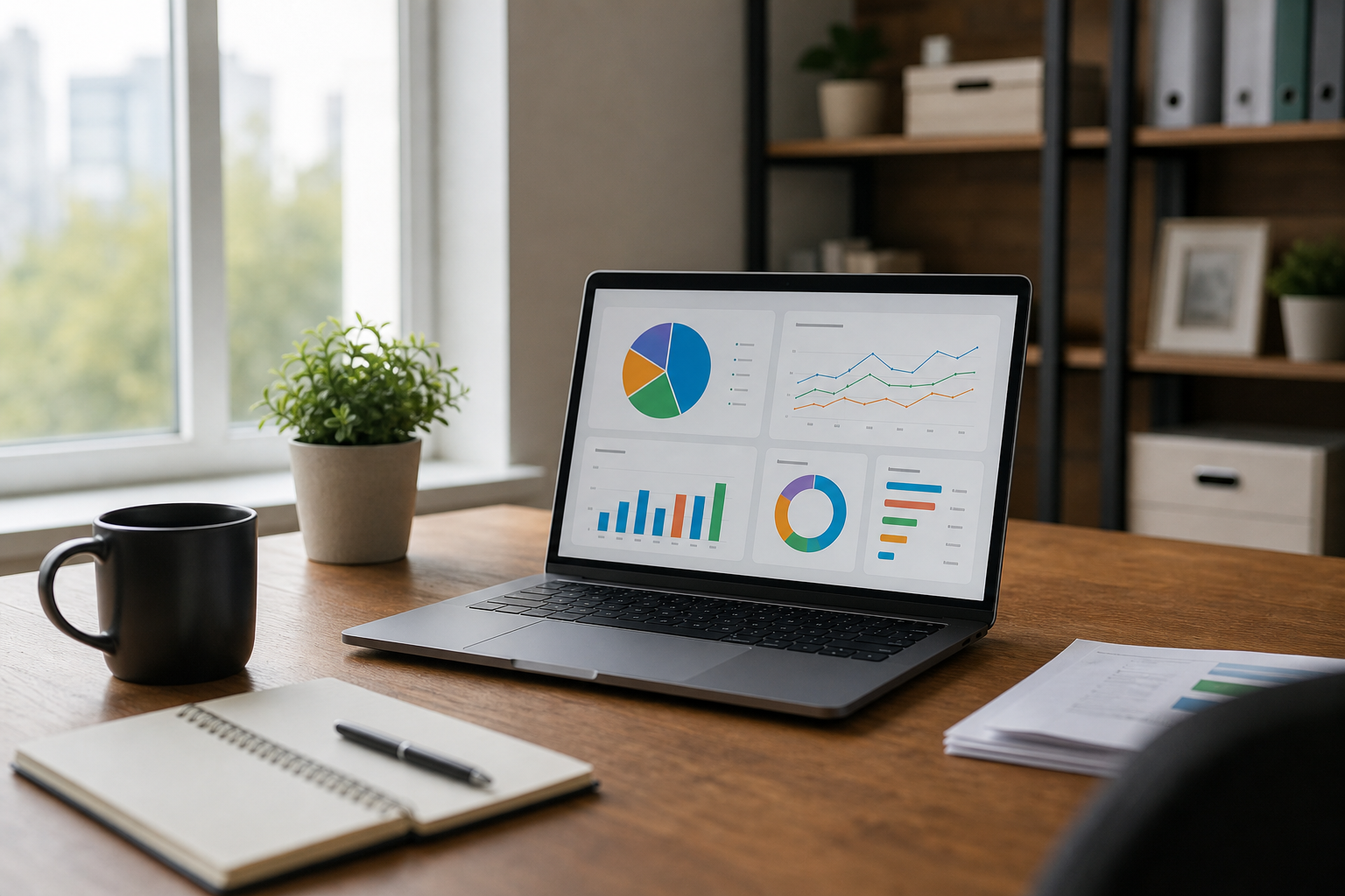Landscaping company owner reviewing job profitability dashboards on a laptop