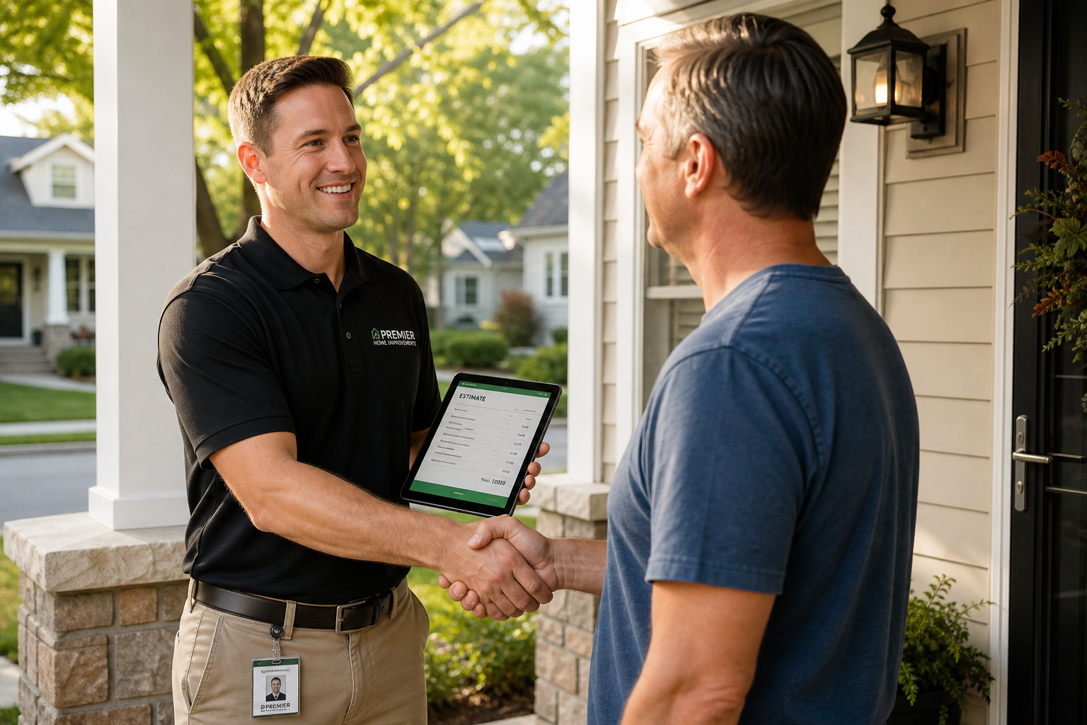 Sales representative reviewing an estimate on a tablet with a homeowner during a home improvement appointment