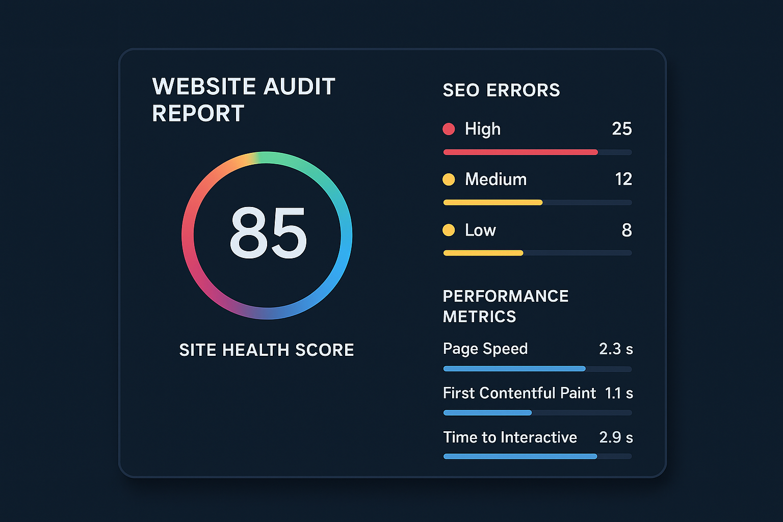 Website site checker dashboard displaying SEO health score and error categories