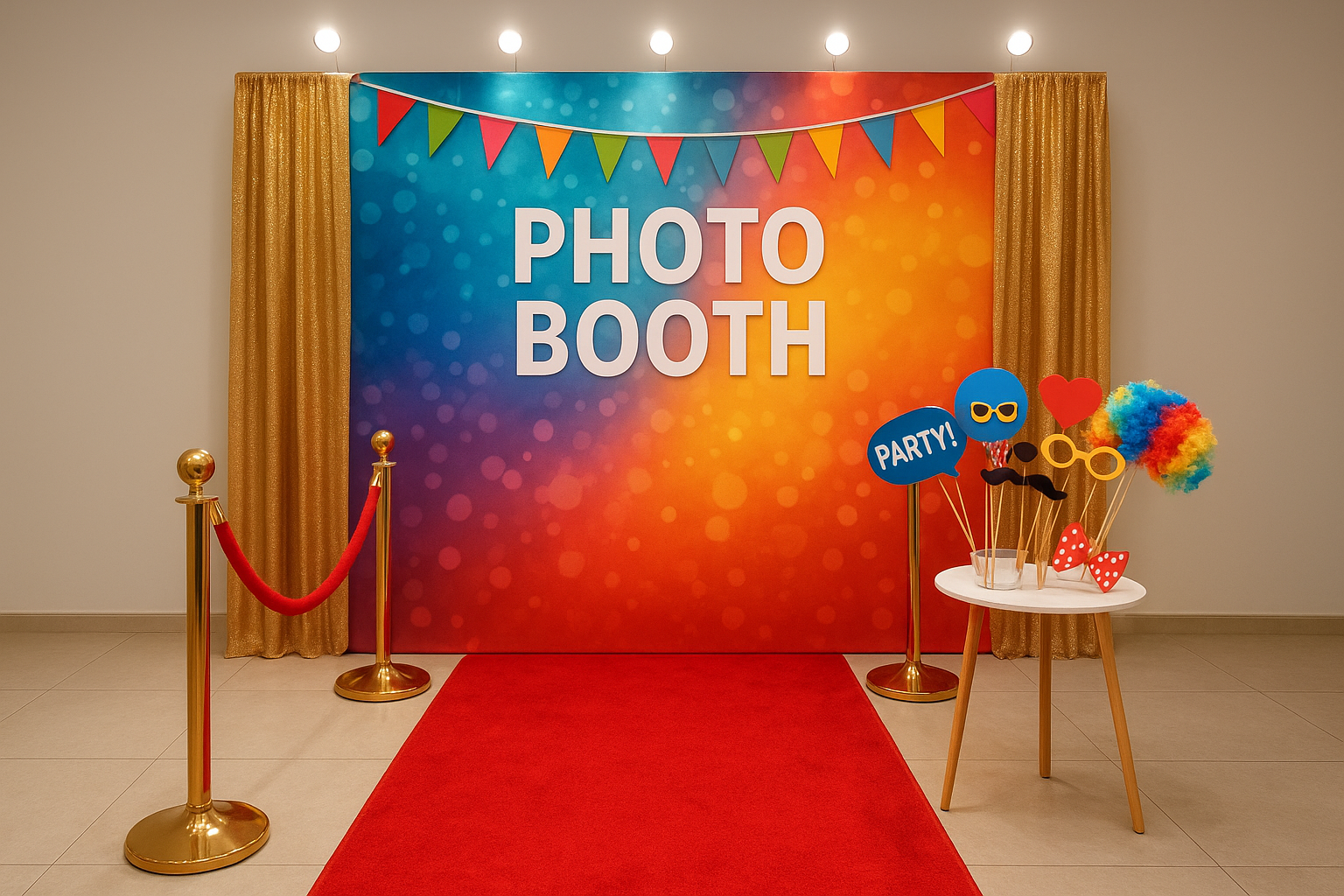 Photo booth backdrop and prop table setup for a Tri-State region event