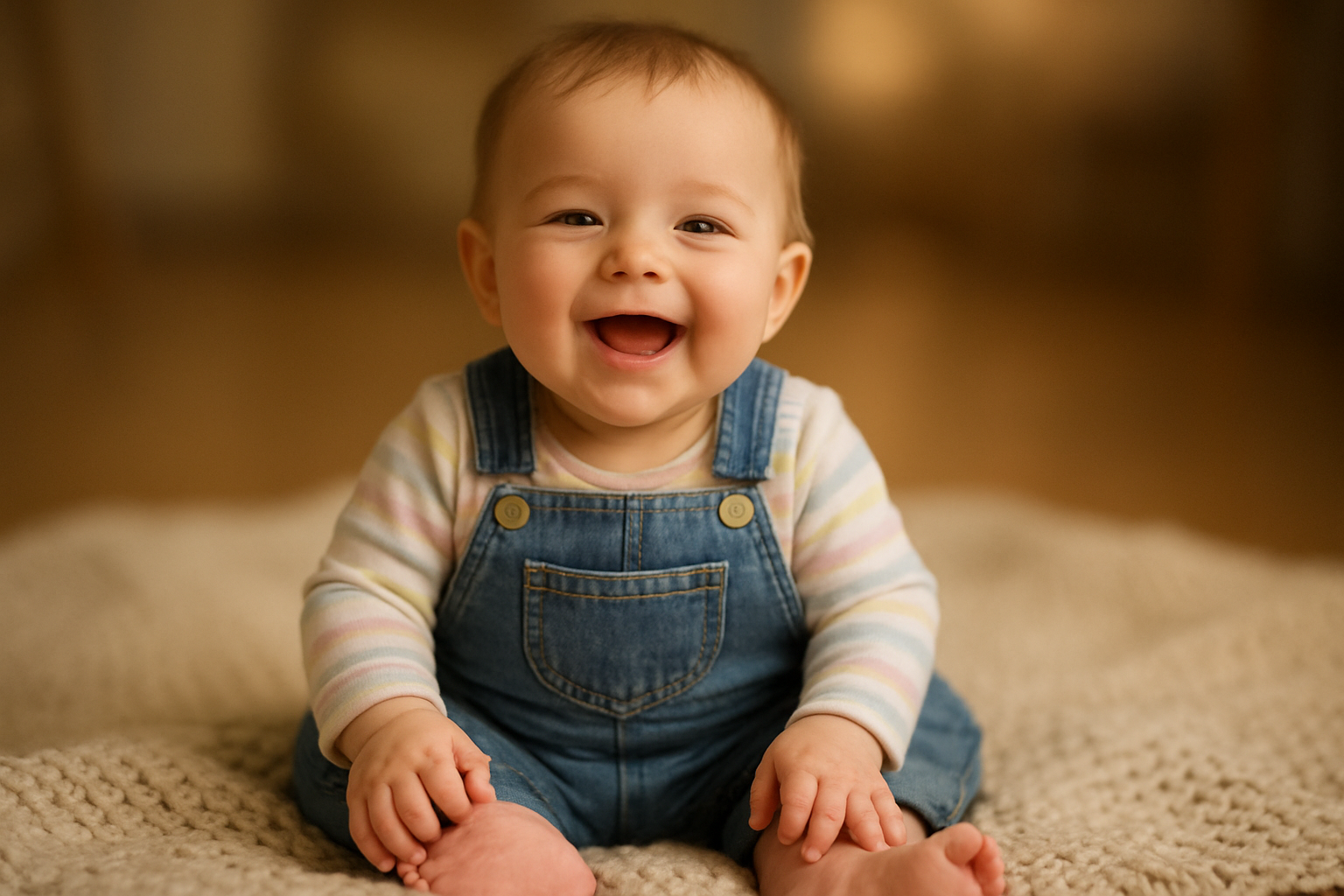 Baby wearing affordable baby fashion outfit of pastel onesie and denim overalls on a knitted blanket