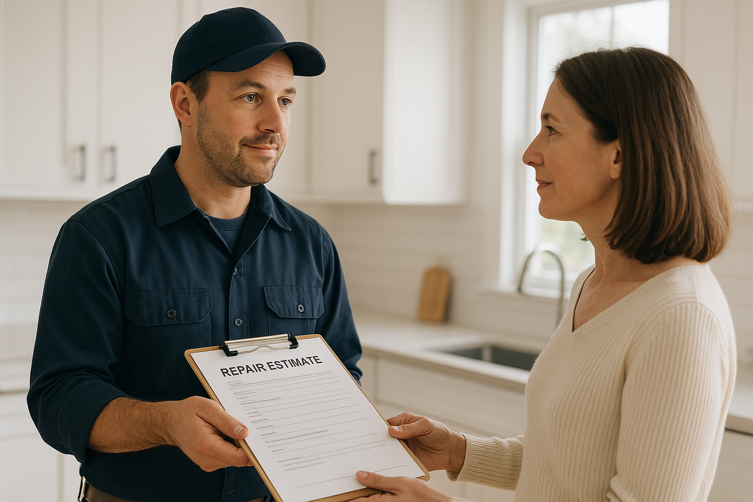 Technician reviewing a transparent repair estimate with a homeowner