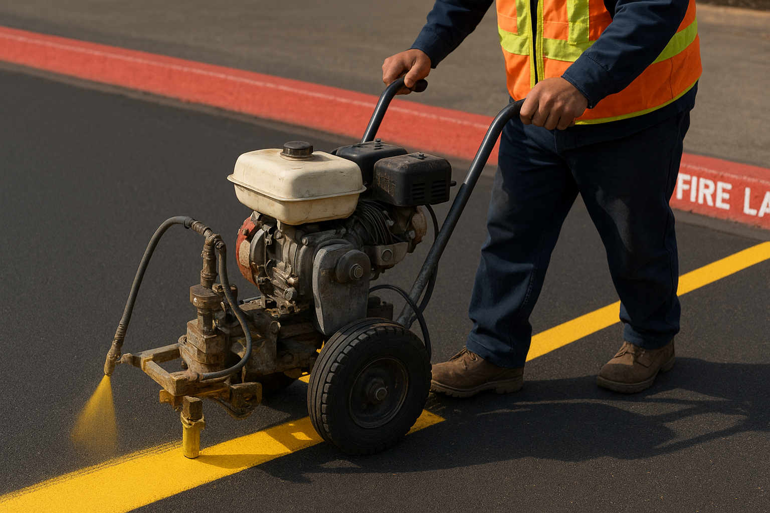 Contractor applying reflective fire lane striping with a professional line marking machine
