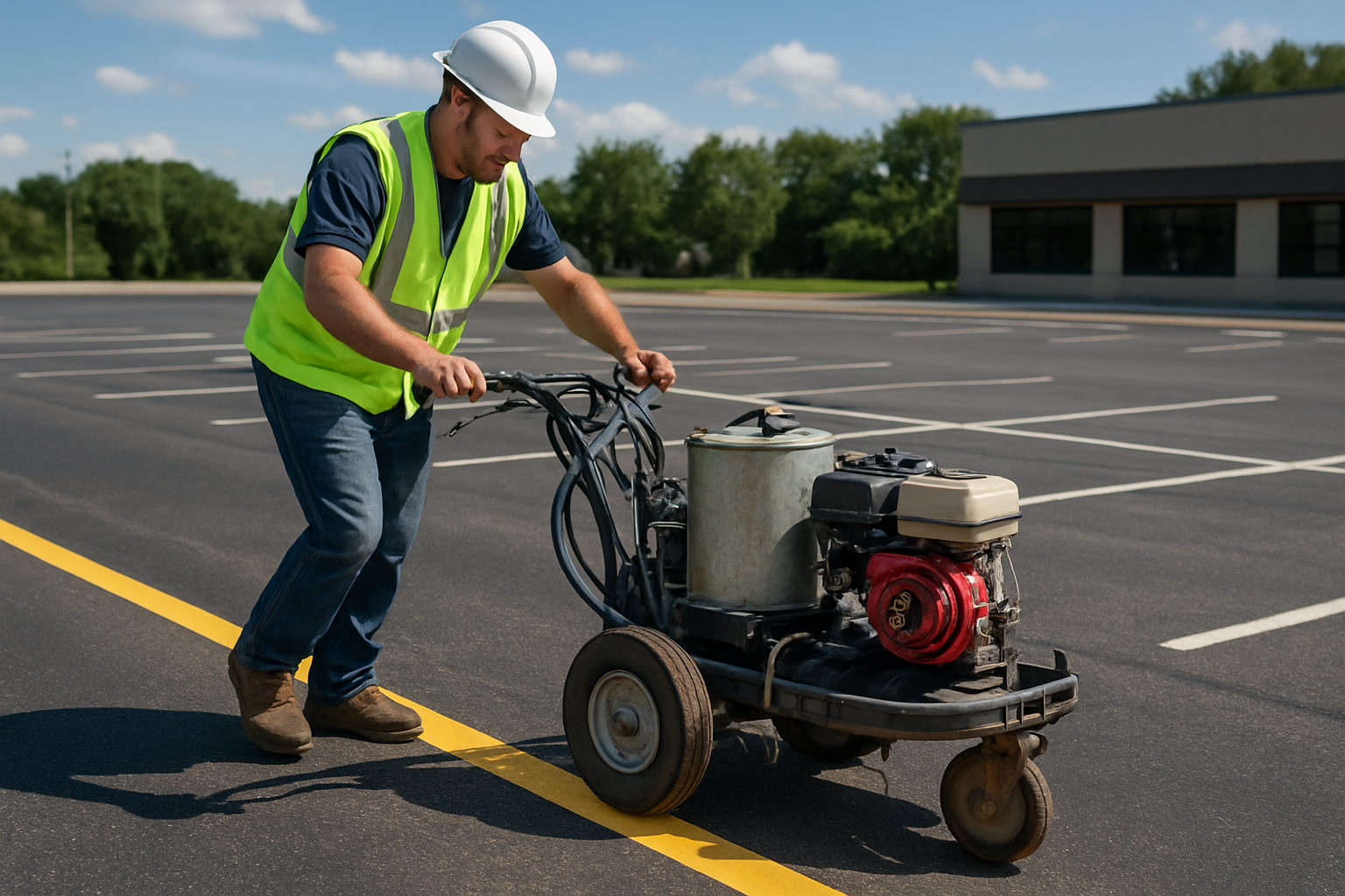 Crew applying fresh line striping paint during a commercial parking lot project