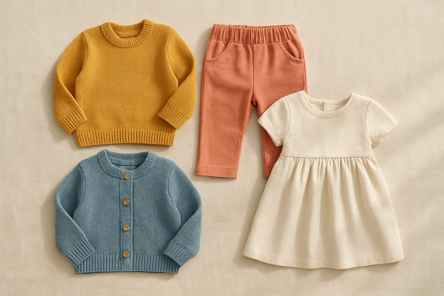 Curated selection of quality kids clothes on demand laid out on a linen surface