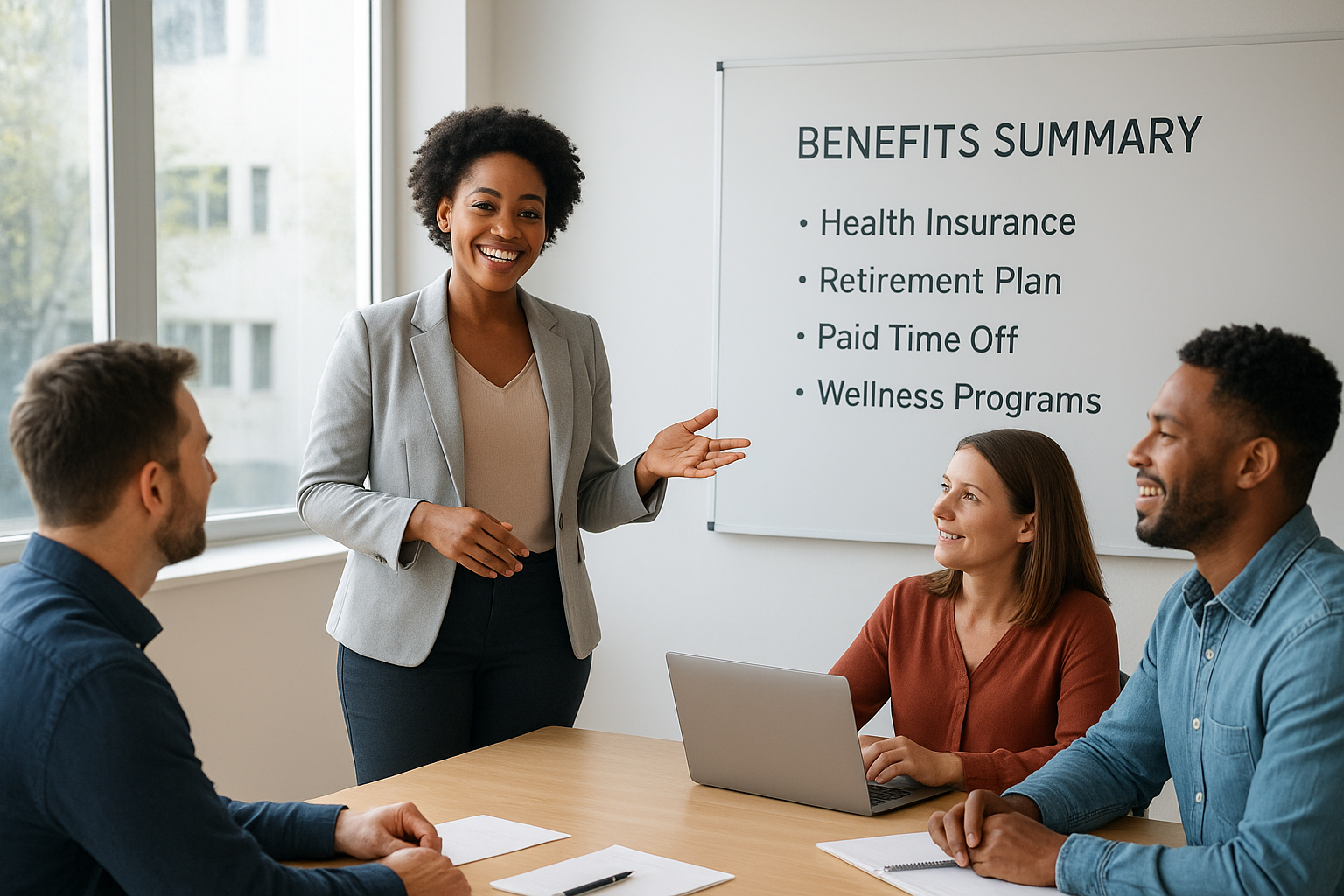 HR professional explaining a new benefits vendor transition to employees during open enrollment
