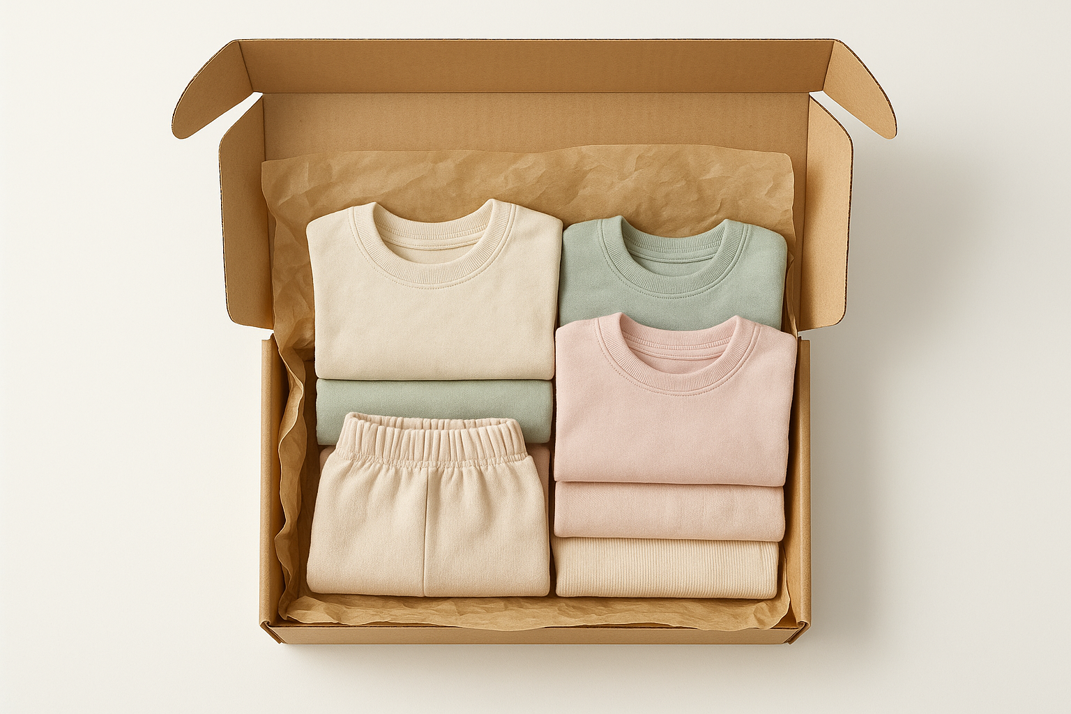 Eco-friendly shipping box packed with folded children's rental clothing ready to be sent to a family