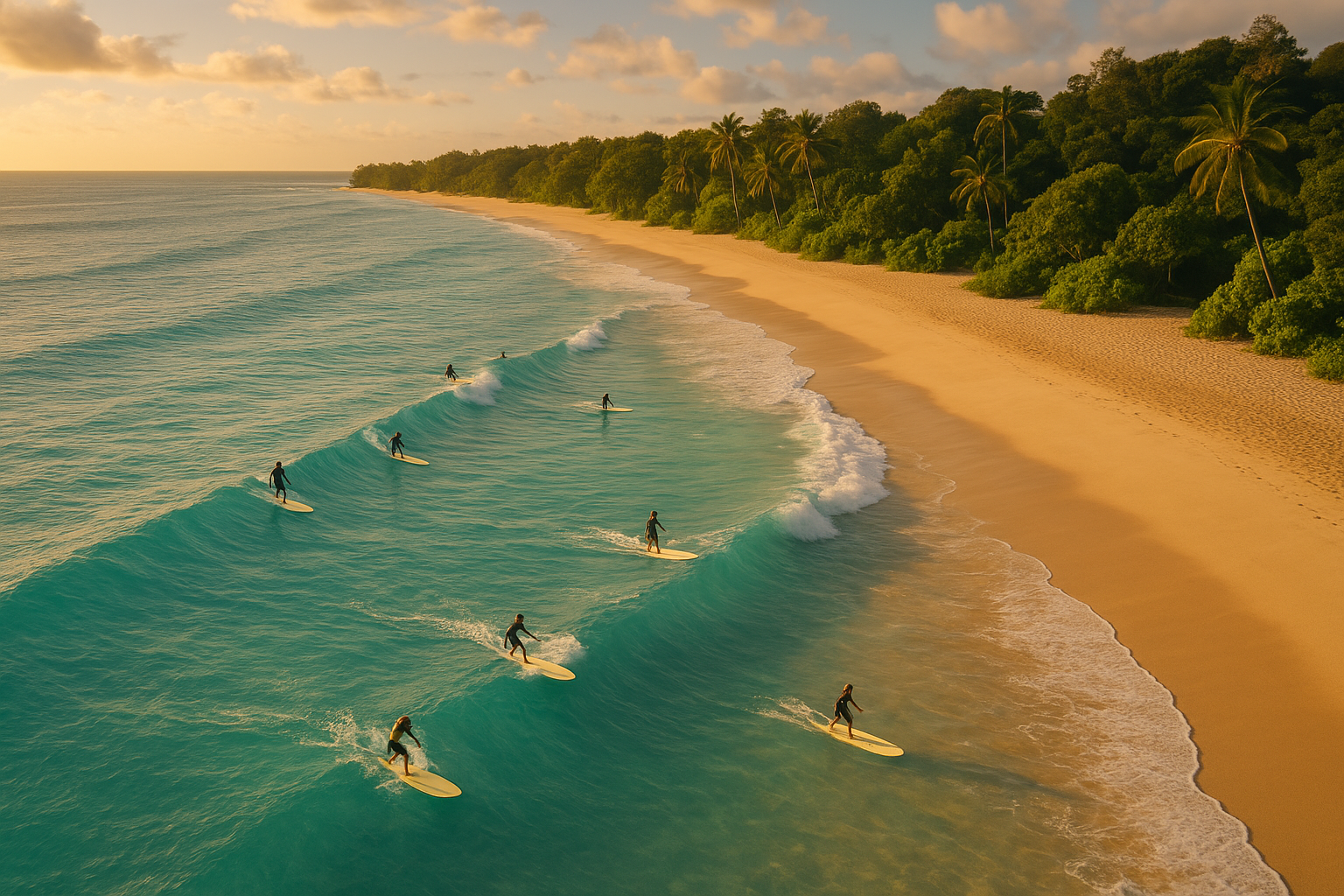 Aerial view of surfers catching waves on a tropical beach coastline similar to Waikiki