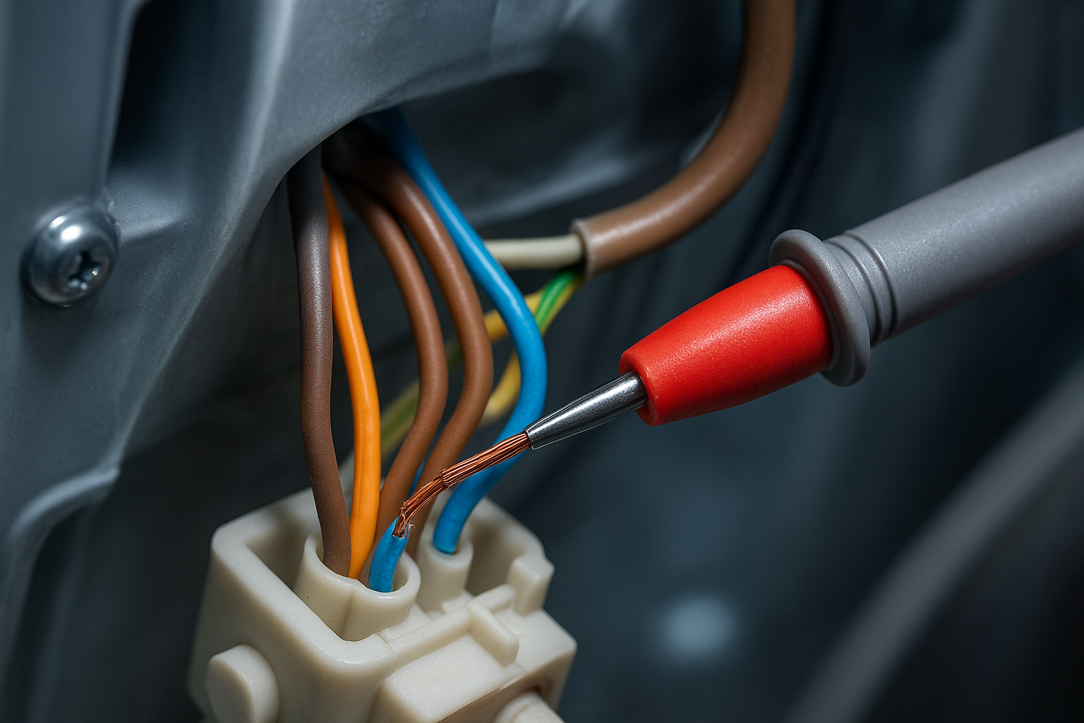 Close-up of multimeter testing refrigerator wiring during a diagnostic check