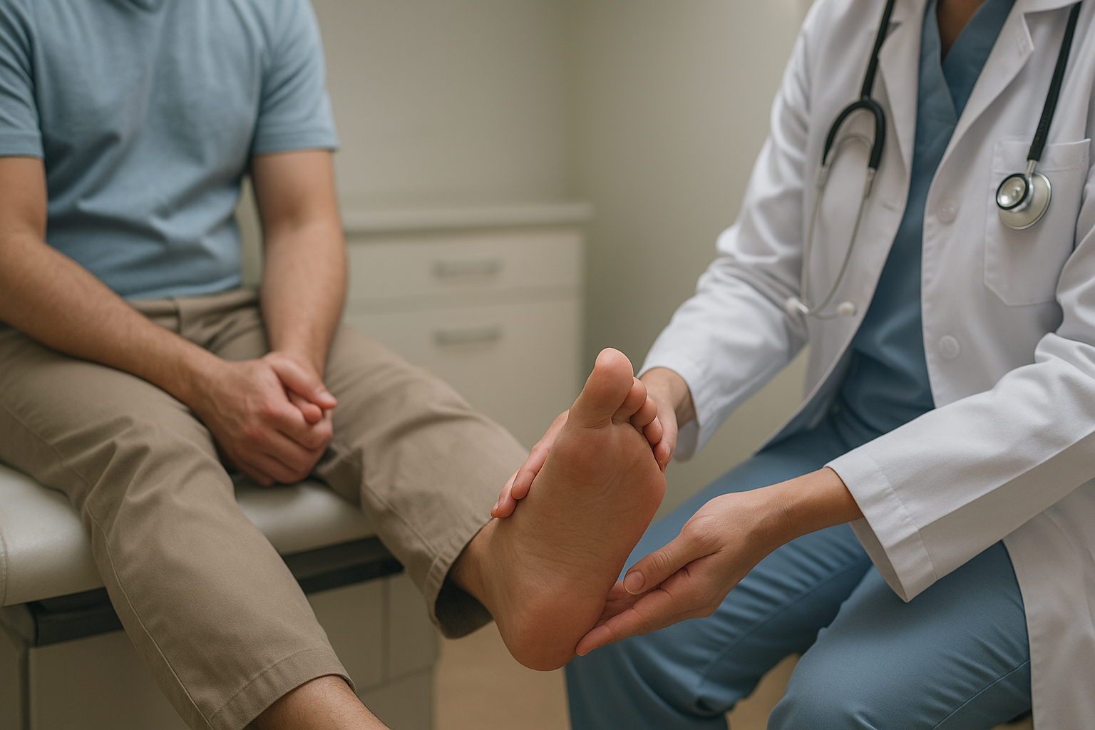 Podiatrist examining a diabetic patient's foot before prescribing diabetic orthotics