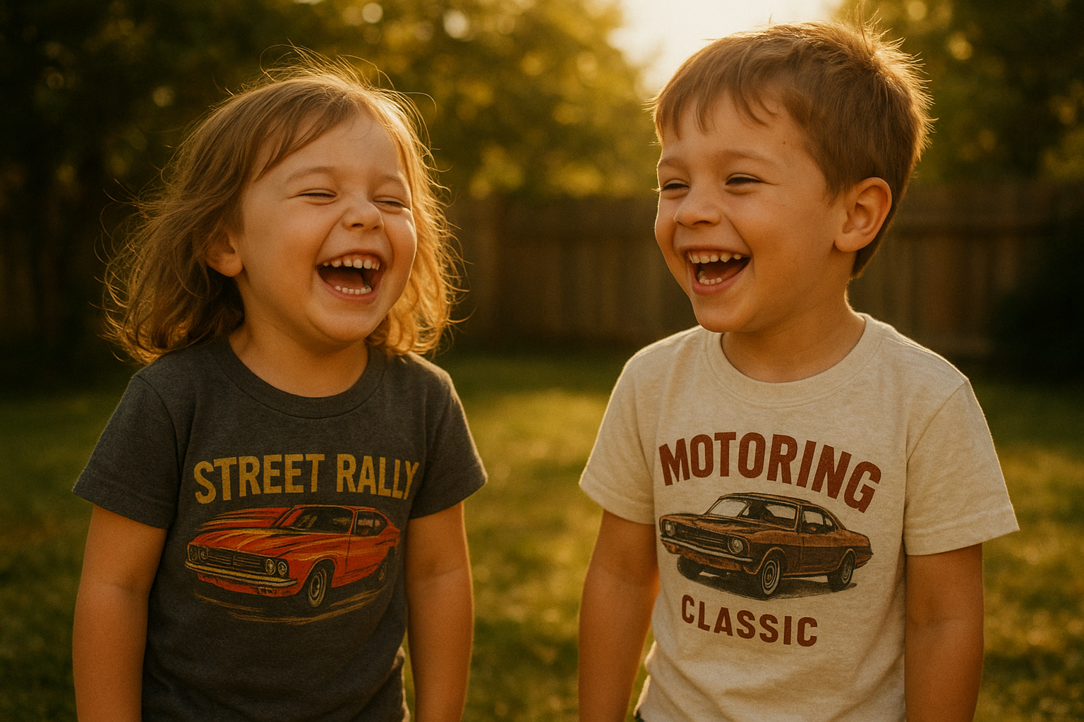 Children wearing durable vintage-inspired children's t-shirts outdoors