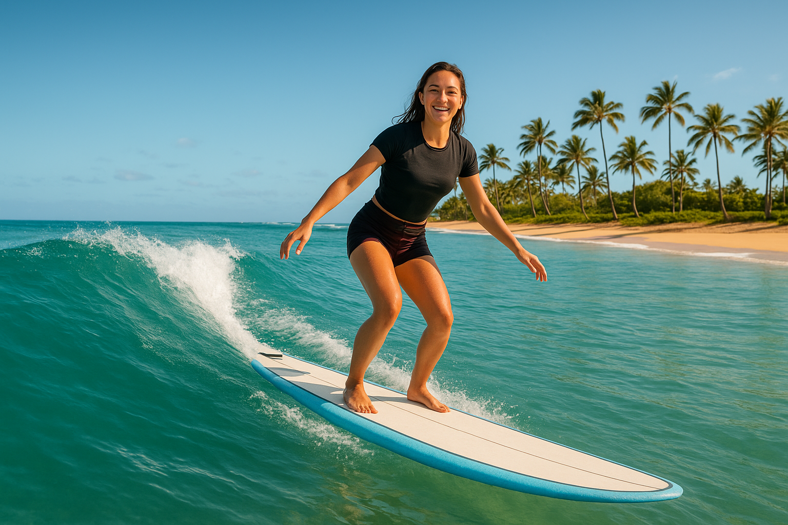 Beginner learning to surf in Hawaii on a soft-top longboard in gentle turquoise waves