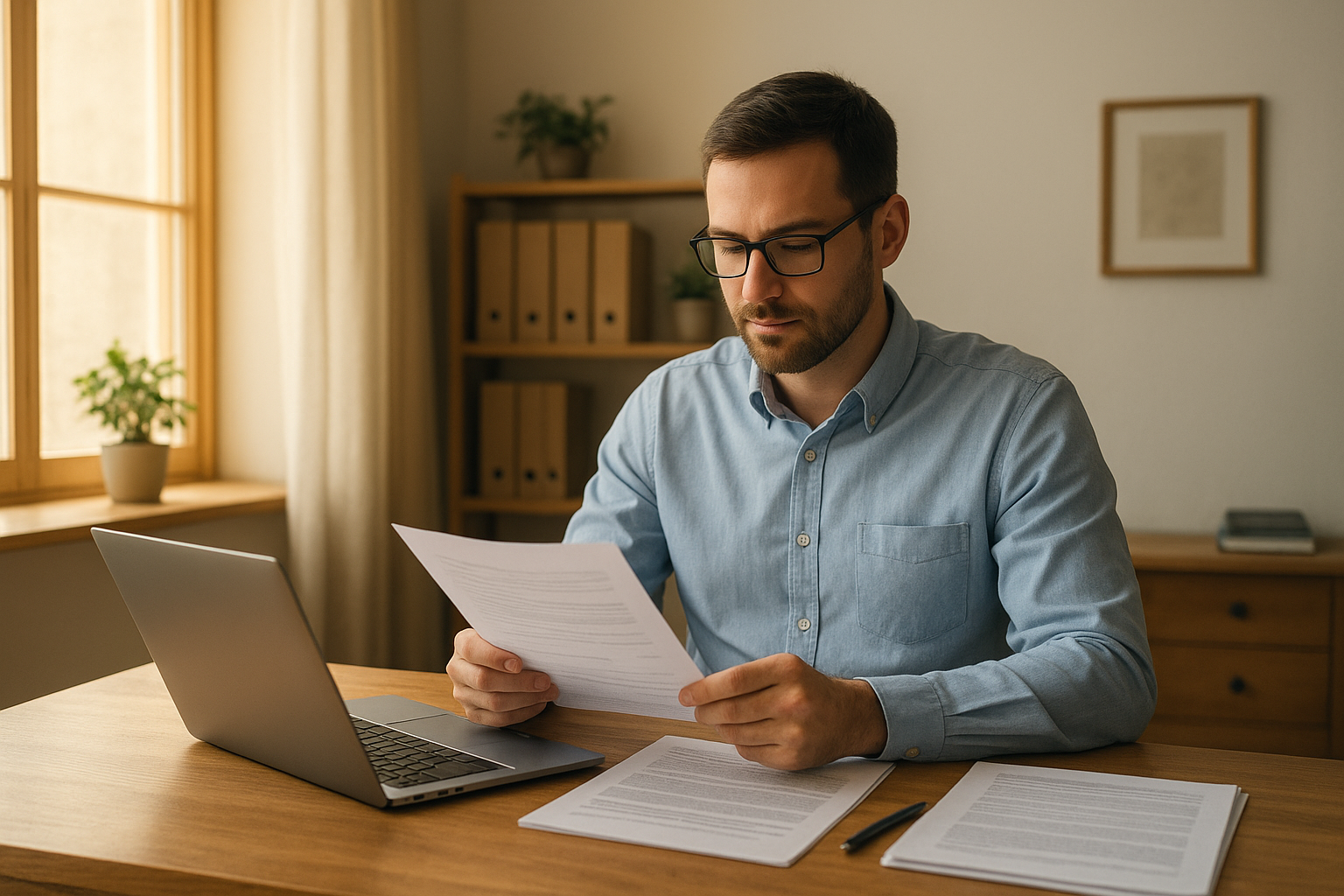Small business owner reviewing HR advice documents and compliance paperwork at a desk
