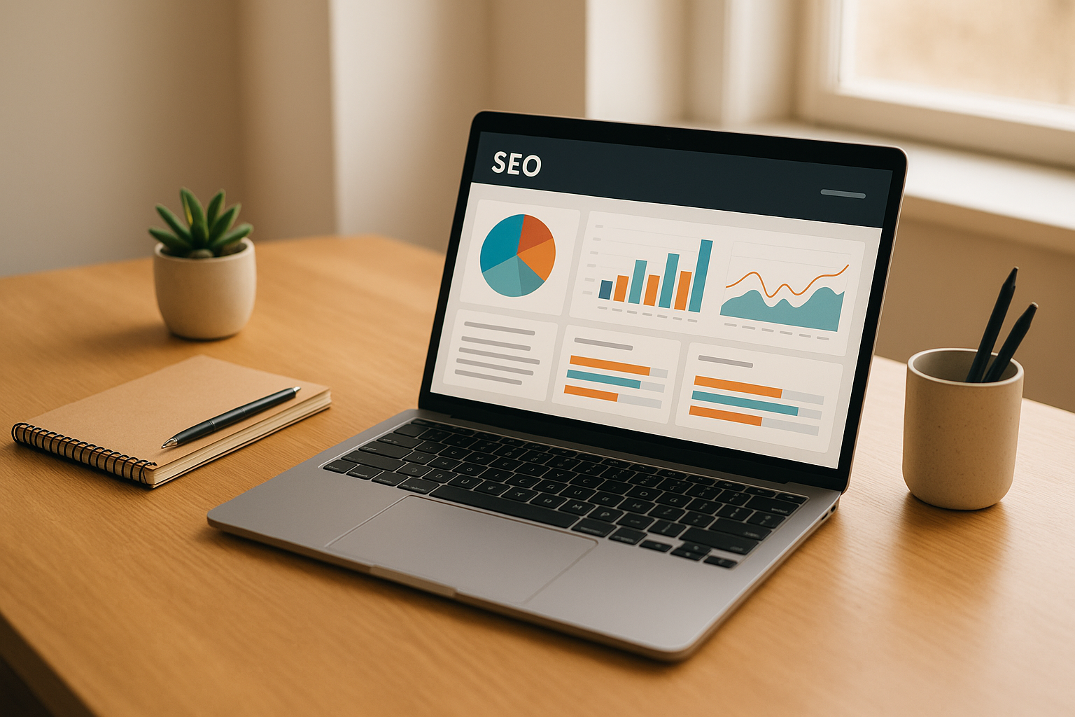 Business owner reviewing a dashboard that shows how to improve search engine visibility using AI tools