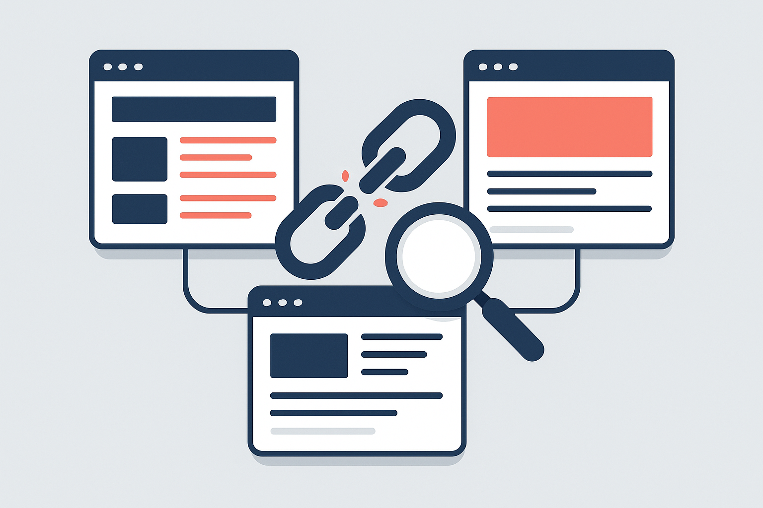 Illustration showing broken hyperlinks between web pages that a dead links finder tool would detect