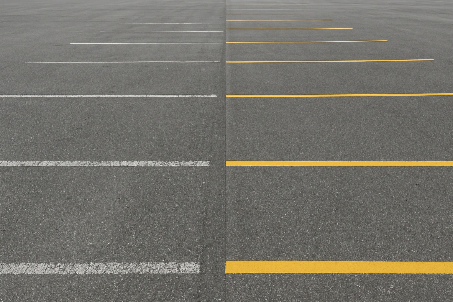 Side-by-side comparison of faded and freshly painted commercial parking lot lines