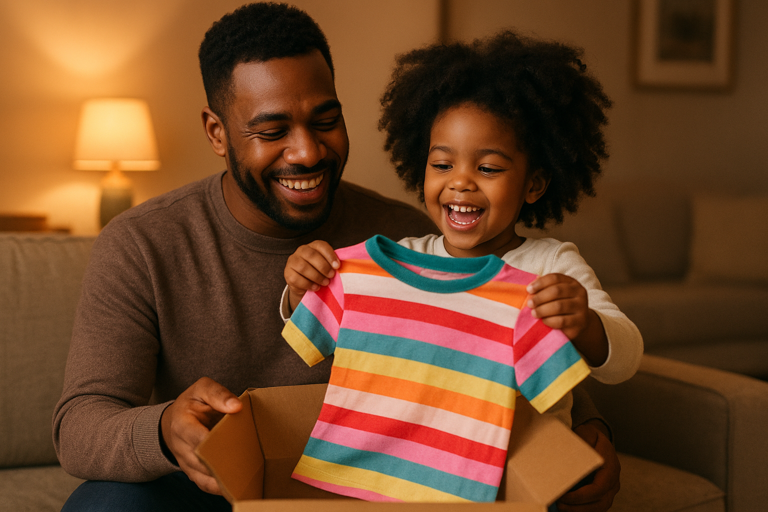 Parent and child happily unboxing a children's clothing subscription delivery at home