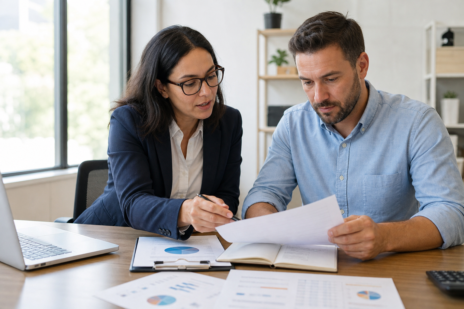 HR consultant and small business owner reviewing scalable HR solutions options in a bright office