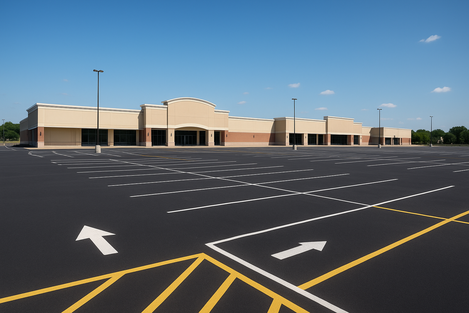 Large commercial parking lot with fresh line striping and directional arrows for traffic flow