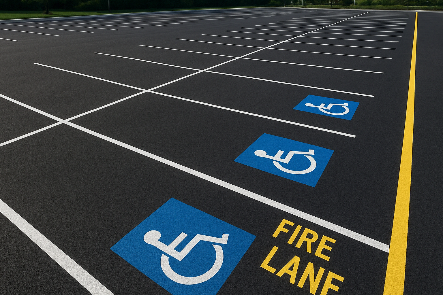 Professional otto parking marking with white stall lines and ADA symbols on a commercial parking lot