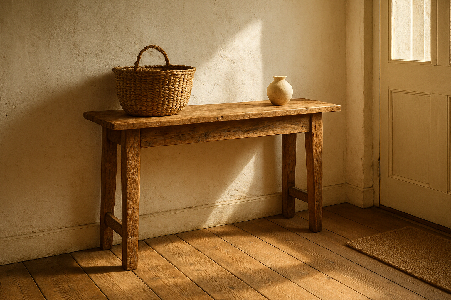 Rustic console table made of reclaimed wood in a sunlit entryway