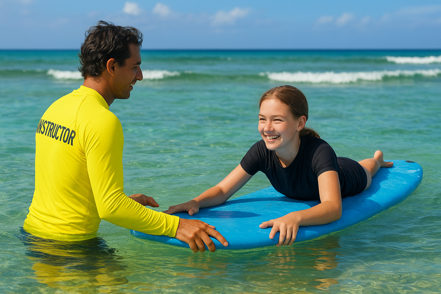 Surf instructor guiding a beginner student on a foam board at a Waikiki-style beach break in warm shallow water