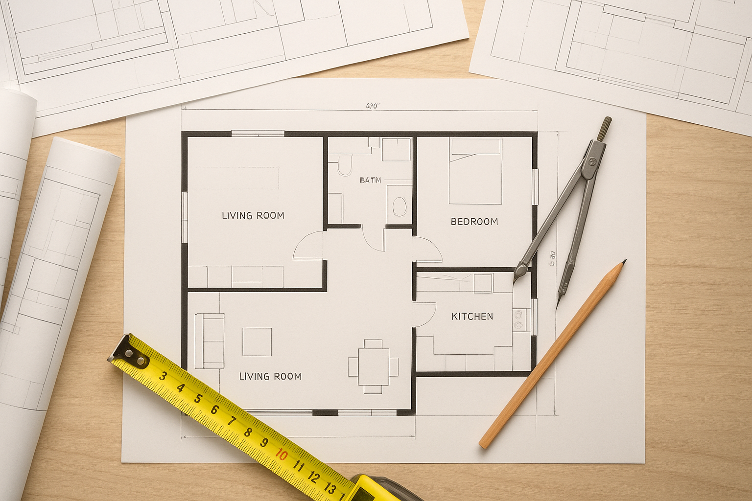 Blueprint floor plans laid out for an adu garage conversion plans project